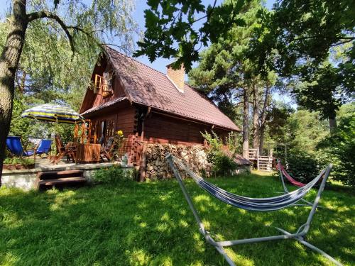 a hammock in front of a log cabin at Przytulia - chata na bezdrożach Roztocza in Górniki