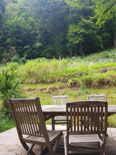 two wooden chairs and a wooden table and benches at Appartement cosy calme à l'orée du bois in Cornimont