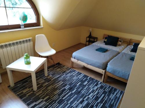 Rejowiec的住宿－Rybakówka，一间卧室设有两张床、一张桌子和一个窗口