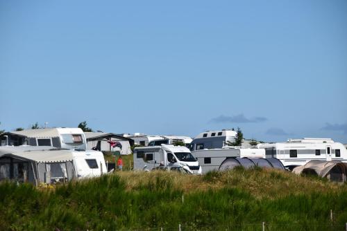 a group of rvs parked in a field at Hytteby – Hanstholm Camping – Thy Feriepark in Hanstholm