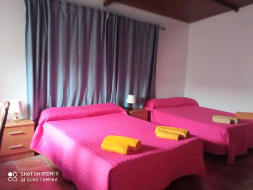 グラナディージャ・デ・アボナにあるDany surのピンクのシーツが備わる客室内のベッド2台