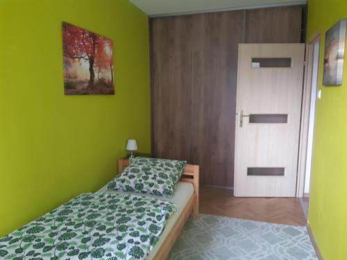 sypialnia z łóżkiem z zielonymi ścianami i białymi drzwiami w obiekcie Mieszkanie 2-pokojowe w mieście Rzeszów
