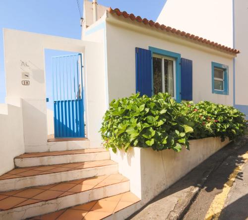 una casa blanca con una puerta azul y flores en Beachfront Casa da Praia, en Porto Formoso