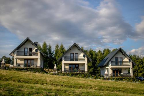 two white houses on a grassy hill with trees at OSADA Rokicie in Kluszkowce