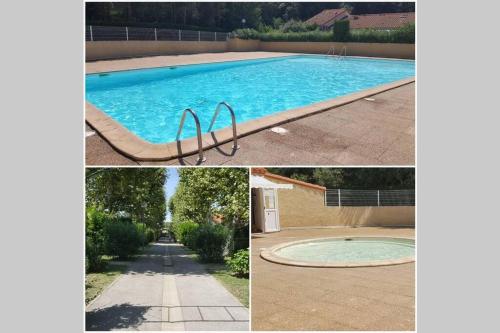 un collage di tre foto di una piscina di Maison Argeles sur mer proche plage ad Argelès-sur-Mer
