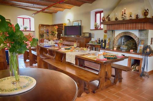 a dining room with a large table and a fireplace at B&B Le Logge Di Sopra in Asciano