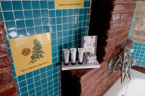 a bathroom with blue tiled walls and a shelf with products at Hotel Monasterio de Rocamador in Almendral