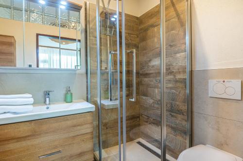 a bathroom with a shower and a sink at Achen Appartement in Bad Hofgastein