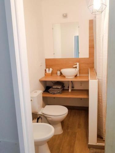 een badkamer met een wastafel, een toilet en een spiegel bij Studio Menta in centre, 4 minutes from the sea in Bordighera