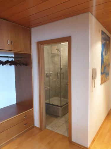 a bathroom with a shower with a glass door at Wohnung für 4 Personen, 2 Schlafzimmer, 2 Parkplätze, WLAN in Konstanz
