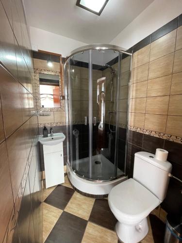ein Badezimmer mit Dusche, Toilette und Waschbecken in der Unterkunft Hotel City in Gniezno