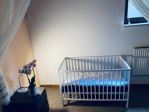 a bedroom with a crib with a blue blanket at Maja Ferienwohnung in Goddelsheim