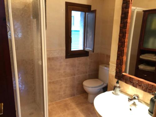 a bathroom with a shower and a toilet and a sink at Casa adosada familiar con jardín y piscina in Villanúa