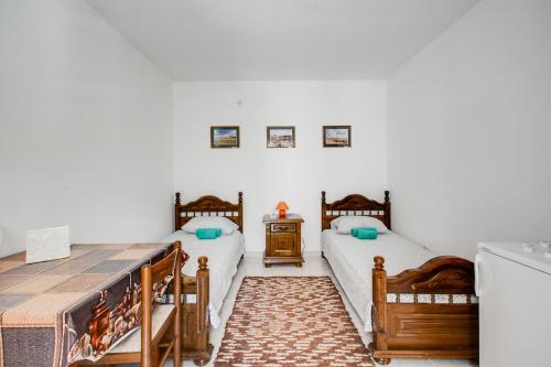 a bedroom with two beds and a table with a rug at Villa Dionis in Budva