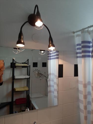 a bathroom with two lights and a mirror at City terrace-apartment in Vienna