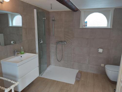 La salle de bains est pourvue d'une douche, d'un lavabo et de toilettes. dans l'établissement Au Chant des Oiseaux, à Tournai
