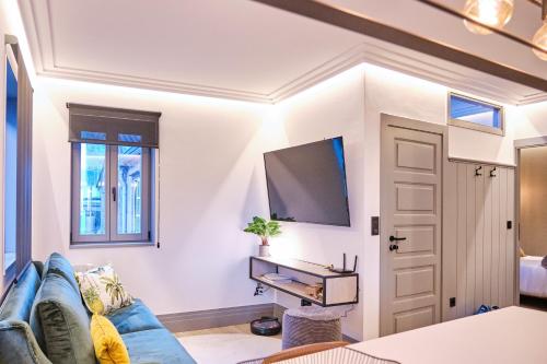 sala de estar con sofá azul y TV de pantalla plana en Apartamentos Pedreira Casa Historica Down Town en Pontevedra