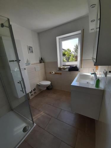ein Bad mit einem Waschbecken, einem WC und einem Fenster in der Unterkunft Schwarz I wald Apartment in Freudenstadt
