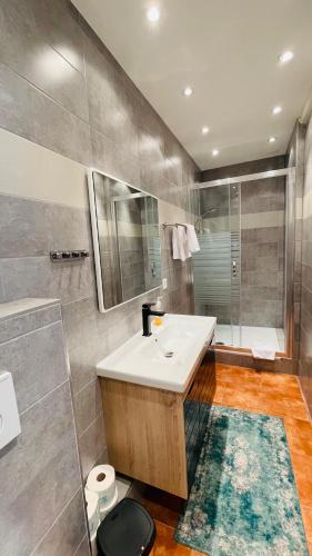 a bathroom with a white sink and a shower at Akomo Bern in Bern