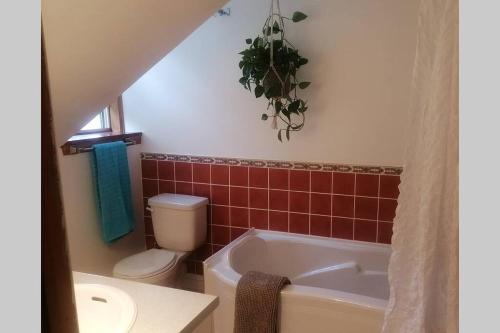 a bathroom with a toilet and a tub and a sink at L'Alcôve des Céramistes in Waterloo