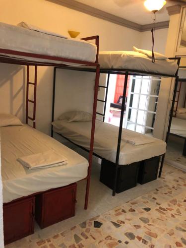 two bunk beds in a room with a window at Mini Hostal Cultural de Mazatlán in Mazatlán
