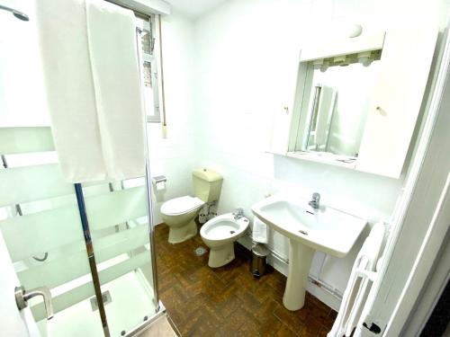a white bathroom with a toilet and a sink at Garden Lodge Hostal Evencio in Ribadavia