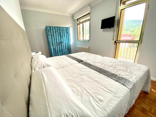 a bedroom with a white bed and a window at Garden Lodge Hostal Evencio in Ribadavia
