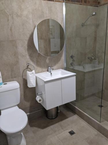 a bathroom with a toilet, sink, and mirror at Ettalong Beach Tourist Resort in Ettalong Beach