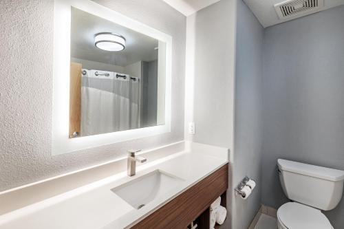 Baño blanco con lavabo y espejo en Holiday Inn Express Hotel & Suites Austin NE-Hutto, an IHG Hotel, en Hutto