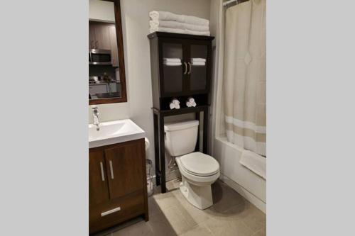 a bathroom with a toilet and a sink and a shower at Cozy Sweet Studio #6, 10 min to D.T. Ottawa in Gatineau