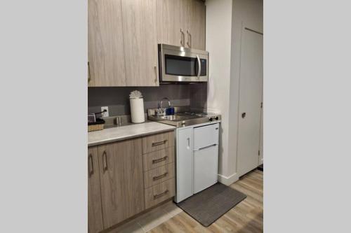 a kitchen with a sink and a microwave at Cozy Sweet Studio #6, 10 min to D.T. Ottawa in Gatineau