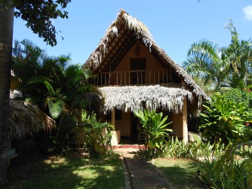 una casa con techo de paja y palmeras en Casa 3 amigos-Palm roofed house, en Las Galeras