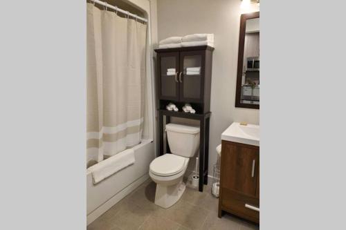 a bathroom with a white toilet and a sink at Cozy Sweet Studio #4, Only 10 min to D.T. Ottawa in Gatineau