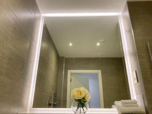 ミルトン・キーンズにあるNewpointe Stunning 1-bedroom Serviced Apartmentの洗面台に花瓶が飾られたバスルームミラー