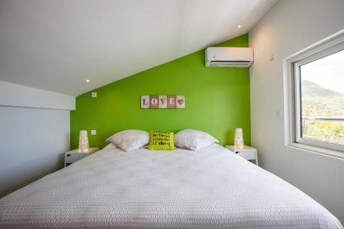 a bedroom with a large bed with a green wall at The Rock in Cul de Sac