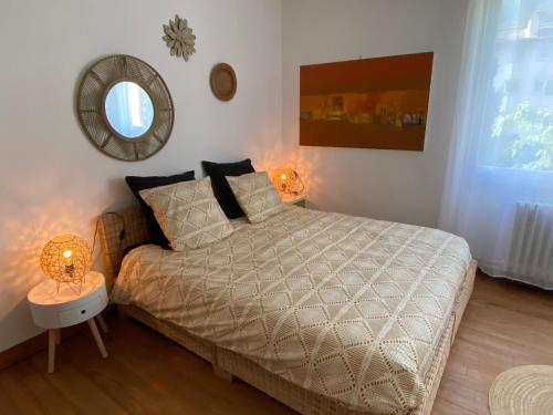 1 dormitorio con cama y espejo en la pared en Villa Riviera Chambres Privées, en Amélie-les-Bains-Palalda