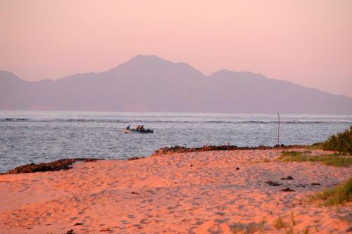 a boat in the water near a beach with a mountain at La Rose du Bresil Marie-Galante in Capesterre-de-Marie-Galante
