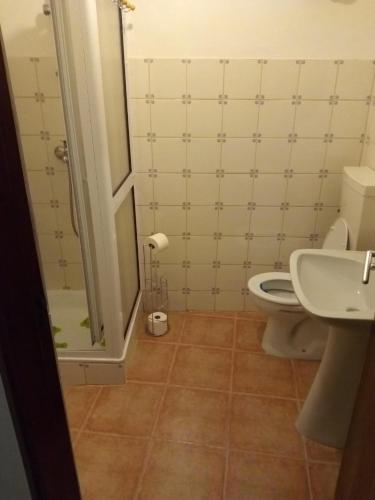 W łazience znajduje się toaleta, prysznic i umywalka. w obiekcie Casa da fonte w mieście Lavacolhos