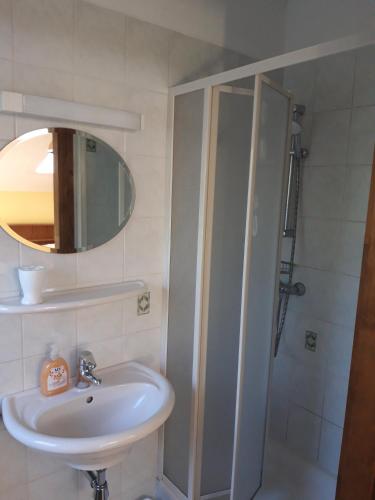 a bathroom with a sink and a shower with a mirror at Haus-erzberg in Vordernberg