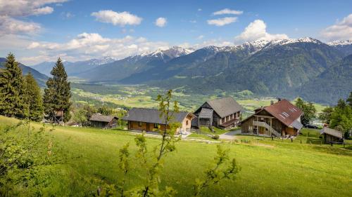 ein grünes Feld mit Häusern und Bergen im Hintergrund in der Unterkunft Panoramahof am Goldberg in Dellach