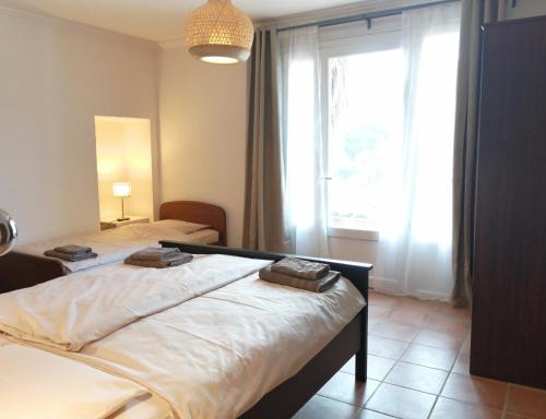 1 Schlafzimmer mit 2 Betten und einem großen Fenster in der Unterkunft LES 3 HIRONDELLES in Pont-Saint-Esprit