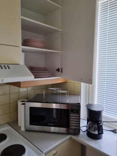 une cuisine avec un four micro-ondes sur un comptoir dans l'établissement Studio at Koulukatu, à Savonlinna