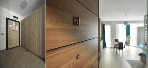two pictures of a wooden door in a hallway at Azure in Mamaia Sat/Năvodari