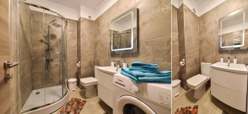Un baño con inodoro, lavabo y ducha. en Alezzi Beach resort Azure, en Mamaia Nord – Năvodari