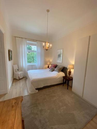 a bedroom with a large bed and a window at Stadtwohnung mit Stil in Graz