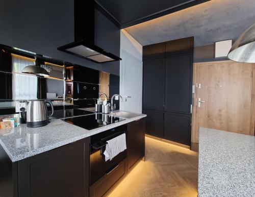 a kitchen with black cabinets and a stove top oven at Silesia Aparthotel in Szczecin