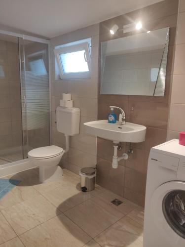 a bathroom with a toilet and a sink and a washing machine at Anya 50 meters to the beach in Banjole