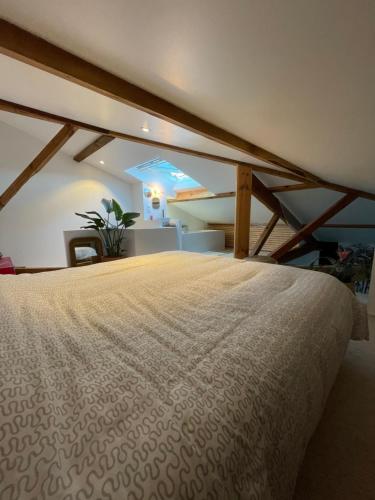 a bedroom with a large bed in a attic at Appartement avec jardin entre lac et océan Hossegor in Soorts-Hossegor