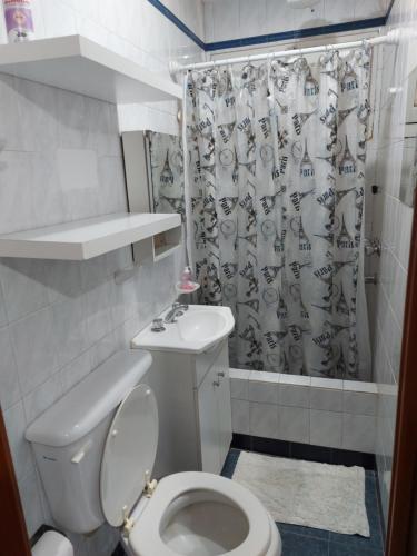 a bathroom with a toilet and a sink and a shower at Departamento centro salta in Salta