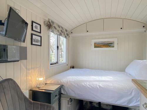 a small bedroom with a bed and a tv at The Duck House in Swansea